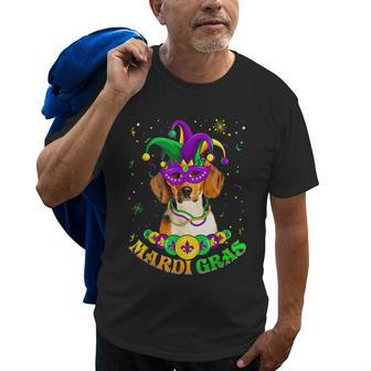 Cute Mardi Gras Beagle Dog Dad Dog Mom Mask Beads Old Men T-shirt | Mazezy