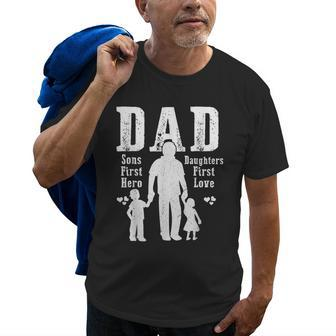 Dad A Sons First Hero A Daughters First Love Daddy Papa Pops Old Men T-shirt | Mazezy
