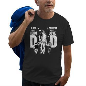 Dad A Sons First Hero A Daughters First Love Fathers Day Old Men T-shirt | Mazezy