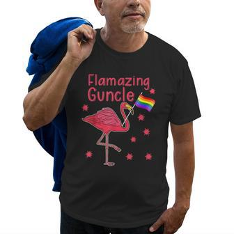 Gay Uncle Flamazing Guncle Flamingo Rainbow Pride Flag Gift Old Men T-shirt | Mazezy
