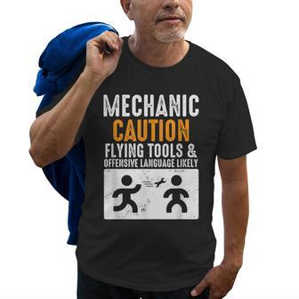 Mechanic Caution Flying Tools Funny Engineer Mechanic Gifts Old Men T-shirt | Mazezy