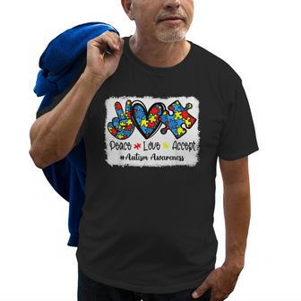 Peace Love Accept Autism Puzzle Pieces Autism Mom Dad Kids Old Men T-shirt | Mazezy