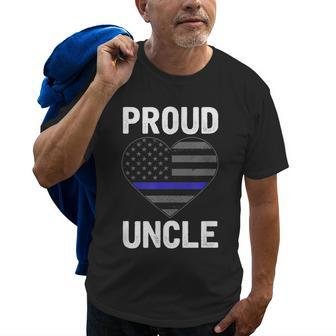 Proud Uncle Blue Line Law Enforcement Flag Heart Gift For Mens Old Men T-shirt | Mazezy
