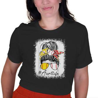 Aunt Life Softball Baseball Messy Bun Old Women T-shirt | Mazezy