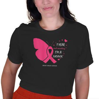 Cute 1 Year Breast Cancer Free Pink Survivor Butterfly Old Women T-shirt | Mazezy