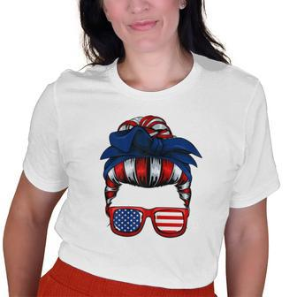 Messy Bun American Flag 4Th Of July Patriotic Mom Old Women T-shirt | Mazezy