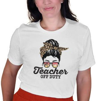 Teacher Off Duty Leopard Messy Bun Glasses Old Women T-shirt | Mazezy