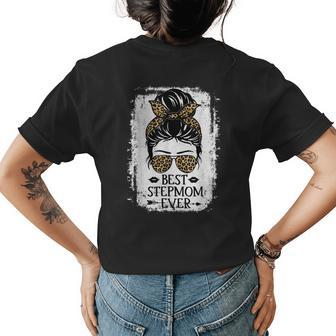 Best Stepmom Ever Women Messy Bun Leopard Decor Step Mom Womens Back Print T-shirt - Seseable