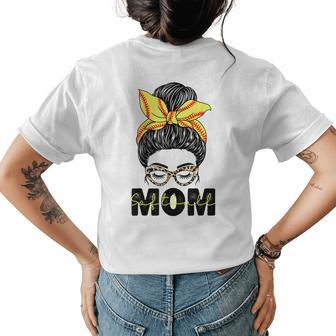 Softball Mom Messy Bun Women Leopard Pattern Softball Womens Back Print T-shirt | Mazezy