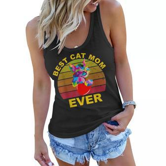 Colorful Retro Vintage Best Cat Mom Ever Mothers Day Women Flowy Tank - Seseable
