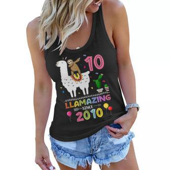 Cute 10Th Birthday Gift Sloth And Llama Llamazing Since 2010 Women Flowy Tank - Seseable
