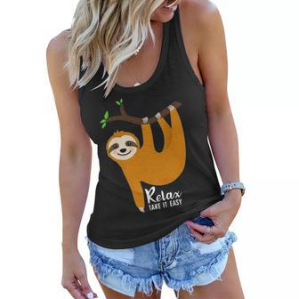 Cute Sloth With Funny Quote Relax Take It Easy Women Flowy Tank - Seseable