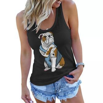 Funny English Bulldog Dog I Love Mom Tattoo Lover Gift Women Flowy Tank - Seseable