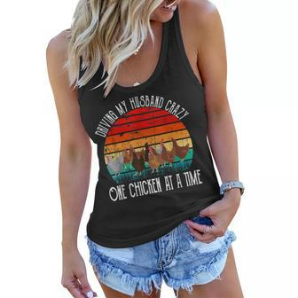 Funny Womens Driving My Husband Crazy One Chicken At A Time Women Flowy Tank | Mazezy