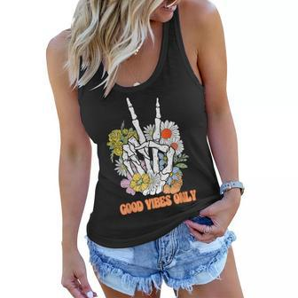 Good Vibes Only Floral Skeleton Hand Fall Autumn Halloween Women Flowy Tank | Mazezy