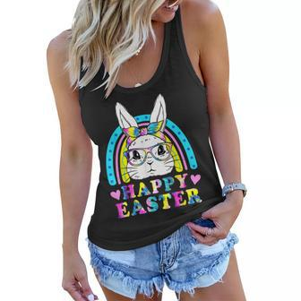 Happy Rainbow Easter Day Cute Bunny Face Tie Dye Glasses Women Flowy Tank - Seseable