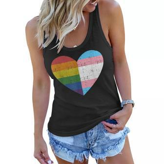 Heart With Rainbow And Transgender Flag For Pride Month Women Flowy Tank | Mazezy