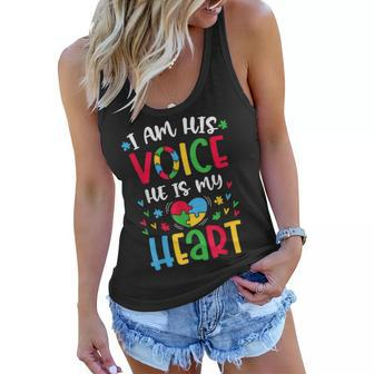 I Am His Voice He Is My Heart Autism Awareness Mom Fathering Women Flowy Tank | Mazezy