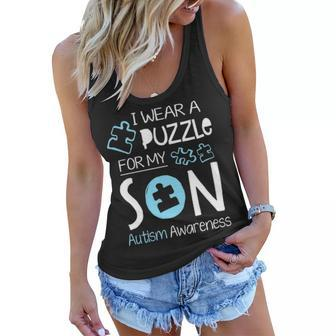 I Wear A Blue Puzzle For My Son Autism Aware Month Mom Dad Women Flowy Tank - Seseable