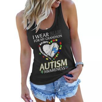 I Wear Blue For My Grandson Grandma Grandpa Autism Awareness Women Flowy Tank | Mazezy