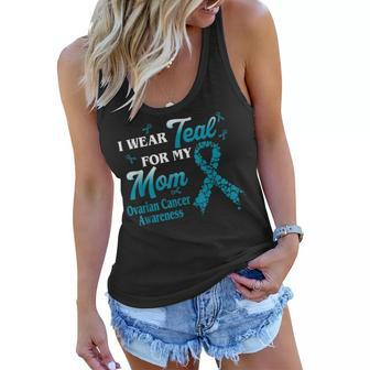 I Wear Teal For My Mom Ovarian Cancer Awareness Blue Ribbon Women Flowy Tank | Mazezy