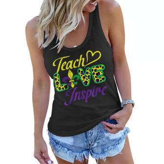 Leopard Teach Love Inspire Mardi Gras Teacher Women Flowy Tank - Seseable