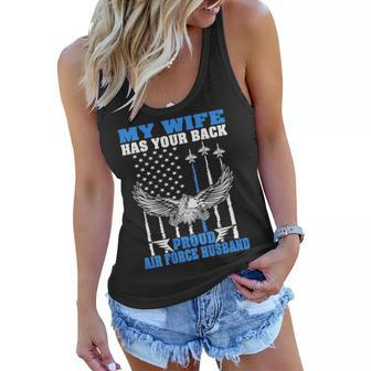 Mens My Wife Has Your Back Proud Air Force Husband Spouse Gift Women Flowy Tank - Seseable