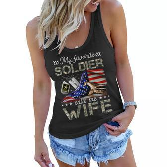My Favorite Soldier Calls Me Wife Proud Army Wife Women Flowy Tank - Seseable