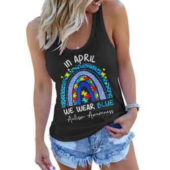 Rainbow Autism In April We Wear Blue Autism Awareness Month Women Flowy Tank - Seseable