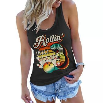 Rollin Into Bowling 3 Year Old Retro Birthday 3Rd Bday Party Women Flowy Tank - Seseable