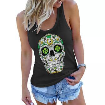 Sugar Skull St Patricks Day Of The Dead Women Shamrock Gifts Women Flowy Tank - Thegiftio UK