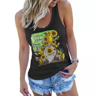 Sunflower Wishes And Honey Bee Kisses With Cute Summer Gnome Women Flowy Tank | Mazezy
