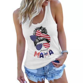 4Th Of July American Mama Messy Bun Mom Life Patriotic Mom Women Flowy Tank | Mazezy