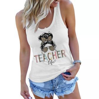 Best Teacher Life Messy Bun Hair Leopard Last Day Of School Women Flowy Tank - Thegiftio UK