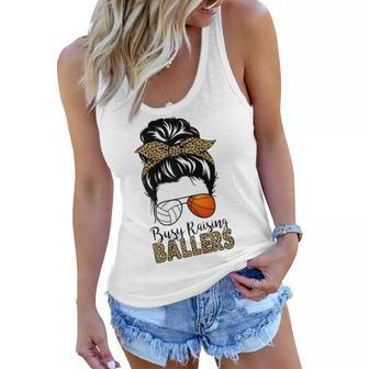Busy Raising Ballers Basketball And Volleyball Mom Messy Bun Gift For Womens Women Flowy Tank | Mazezy CA