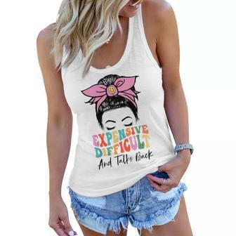 Expensive Difficult And Talks Back Mothers Day Messy Bun Women Flowy Tank | Mazezy