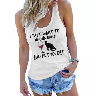 I Just Want To Drink Wine And Pet My Cat Funny Cats Lovers Women Flowy Tank - Seseable