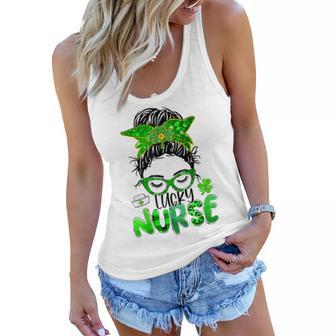 Lucky Nurse St Patricks Day Nurse Shamrock Messy Bun Mom Women Flowy Tank - Seseable
