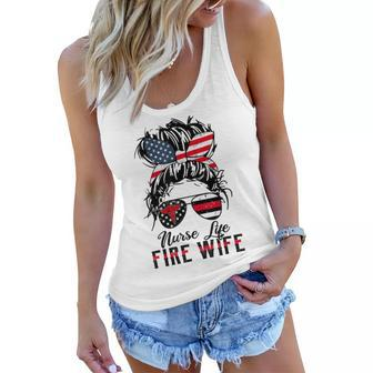 Nurse Life Fire Wife Firefighters Wife Mom Messy Bun Hair Women Flowy Tank - Seseable