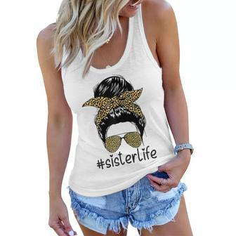 Sister Life Messy Bun With Leopard Sisterlife Wonen Gift For Womens Women Flowy Tank | Mazezy