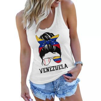 Venezuelan Baseball Fan Girl Mom Messy Bun Venezuela Flag Women Flowy Tank | Mazezy