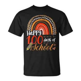 Womens 100 Days Of School Teacher Leopard Rainbow 100 Days T-Shirt - Seseable