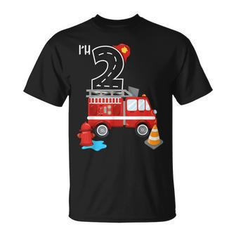 Im 2 Birthday Boy 2Nd Bday Fire Truck Fire Fighter Number T-Shirt - Seseable