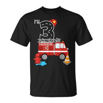 Im 3 Birthday Boy 3Rd Bday Fire Truck Fire Fighter Number T-Shirt - Seseable