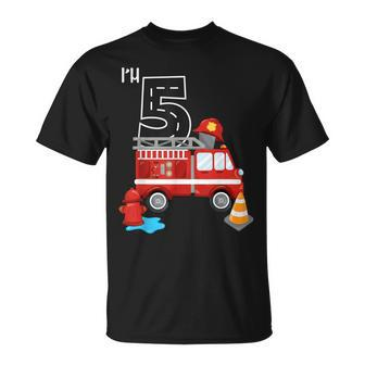 Im 5 Birthday Boy 5Th Bday Fire Truck Fire Fighter Number T-Shirt - Seseable