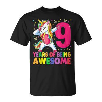 9 Years Old Unicorn Dabbing 9Th Birthday Girl Unicorn Party V2 T-Shirt - Seseable