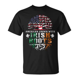 American Grown Irish Roots Tree Ireland Flag St Patricks Day T-Shirt - Seseable