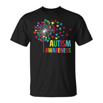 Autism Awareness Dandelion Puzzle Piece Dad Mom Autistic Unisex T-Shirt | Mazezy