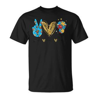 Autism Awareness Day Peace Love Autism Puzzle Ribbon T-Shirt - Seseable