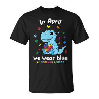 Baby Dino Autism April We Wear Blue Autism Awareness Month T-Shirt - Seseable
